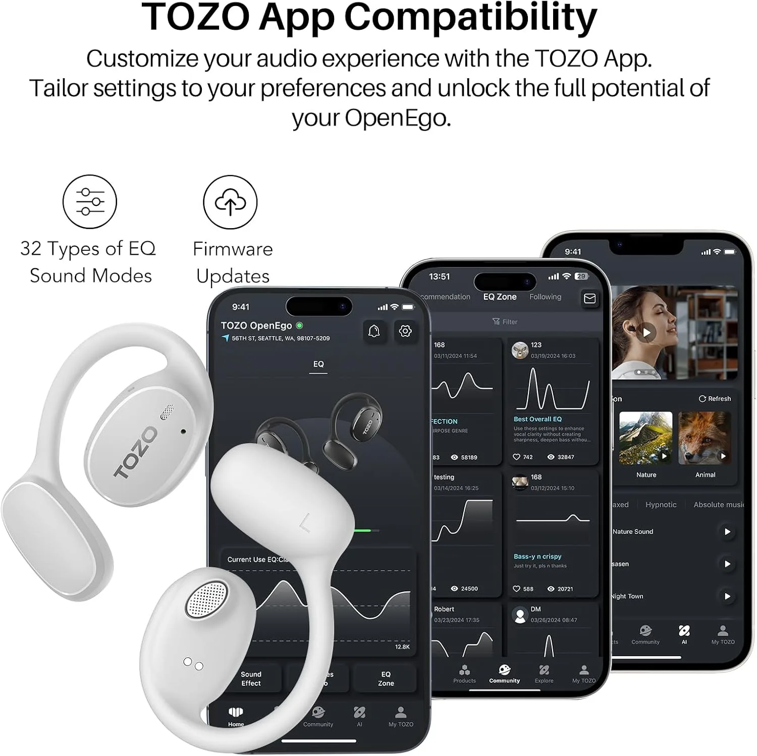 TOZO OpenEgo Open Ear Earbuds 80H Bluetooth 5.3 Headphones Sport Earbuds
