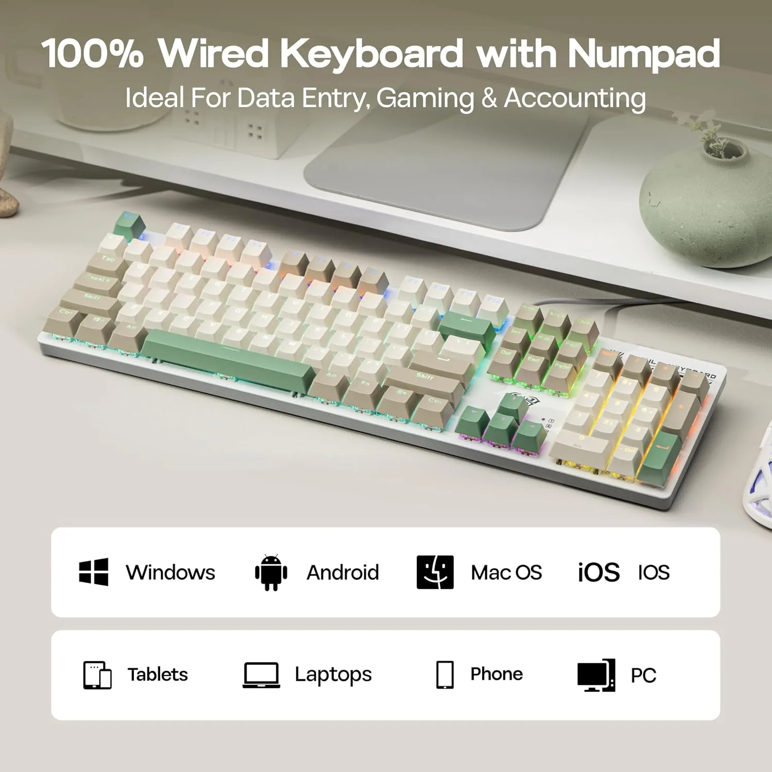 MechLands Aula S500 Wired Gaming Keyboard, 100% Full Size Mechanical Keyboard with Number Pad, 104 Keys, NKRO, RGB Backlits, Shine Through Keycaps, Ergonomic for PC E-Sports (White&Green, Red Switch)