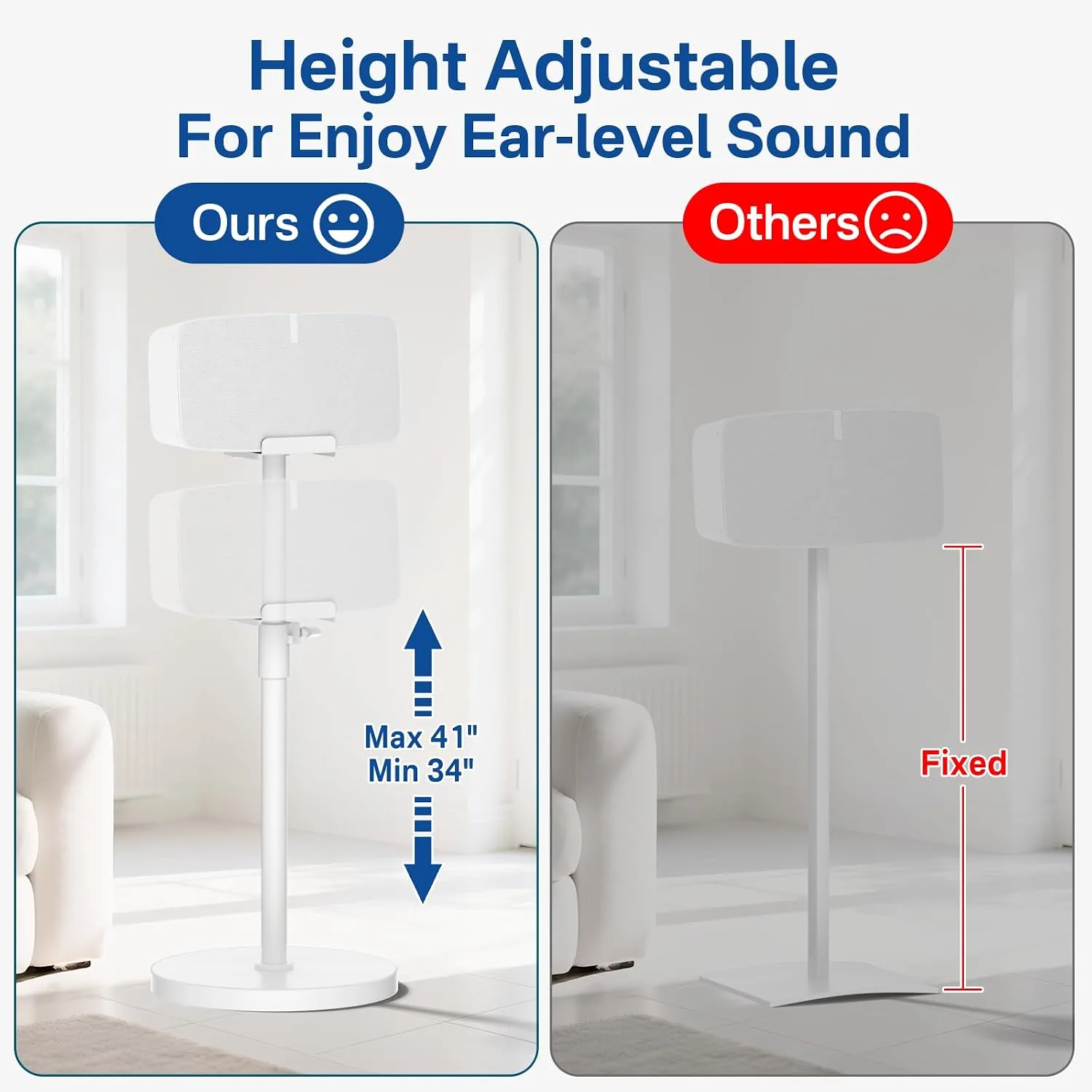 Height Adjustable Floor Speaker Stand for Sonos Five & Play:5, Vertical or Horizontal Placement, Metal Sonos 5 Speaker Stand with Cable Management (White, 1 Pack)