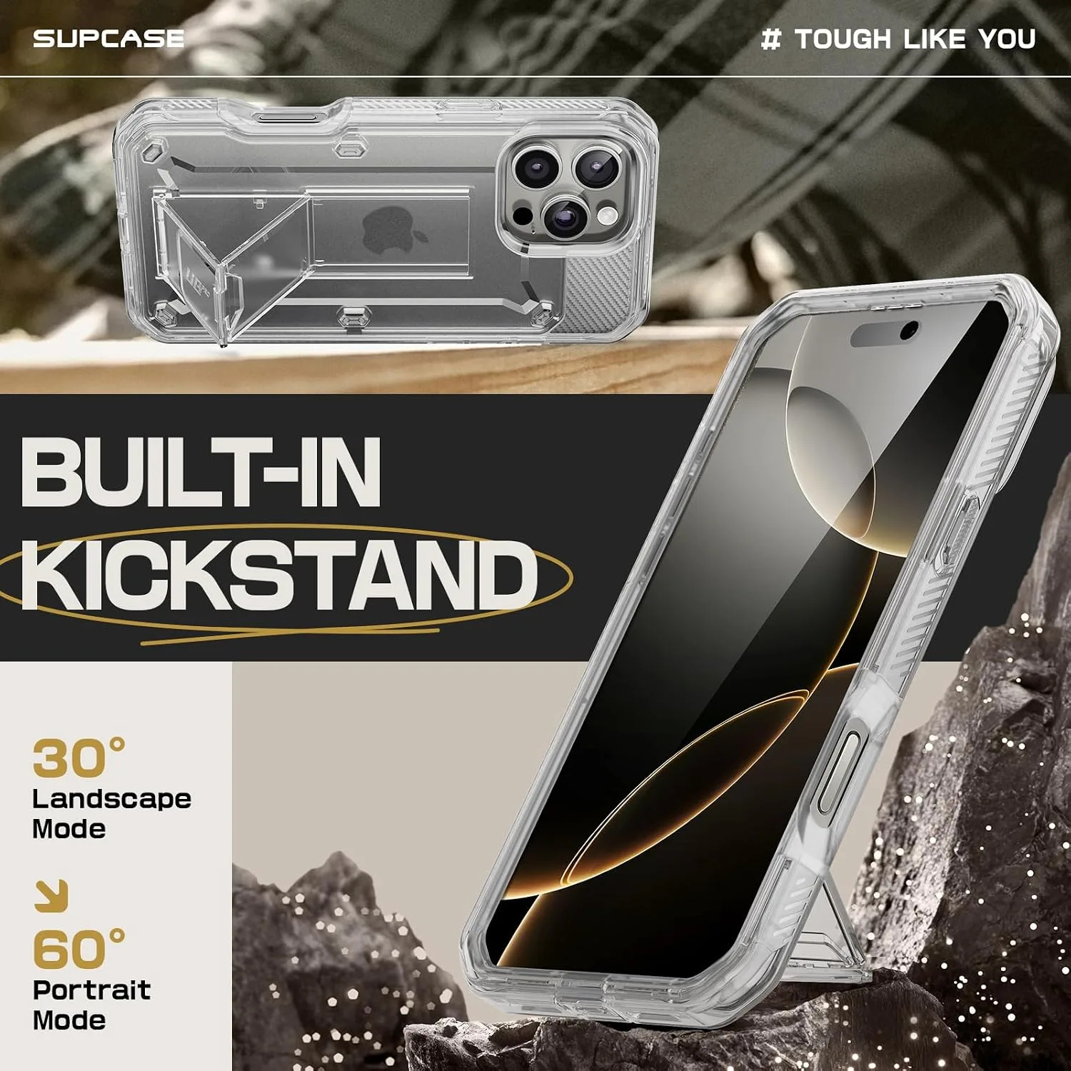 SUPCASE for iPhone 16 Pro Max Case with Screen Protector & Stand, Clear