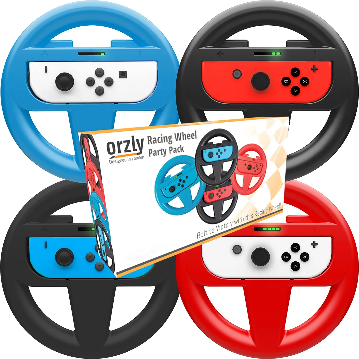 Orzly Steering Wheels Compatible with Nintendo Switch 2 (2025 Console) Twin Pack Racing Wheel Accessories for Joy Con Controllers and MarioKart Racing Games (1 Red 1 Blue) Gift Boxed