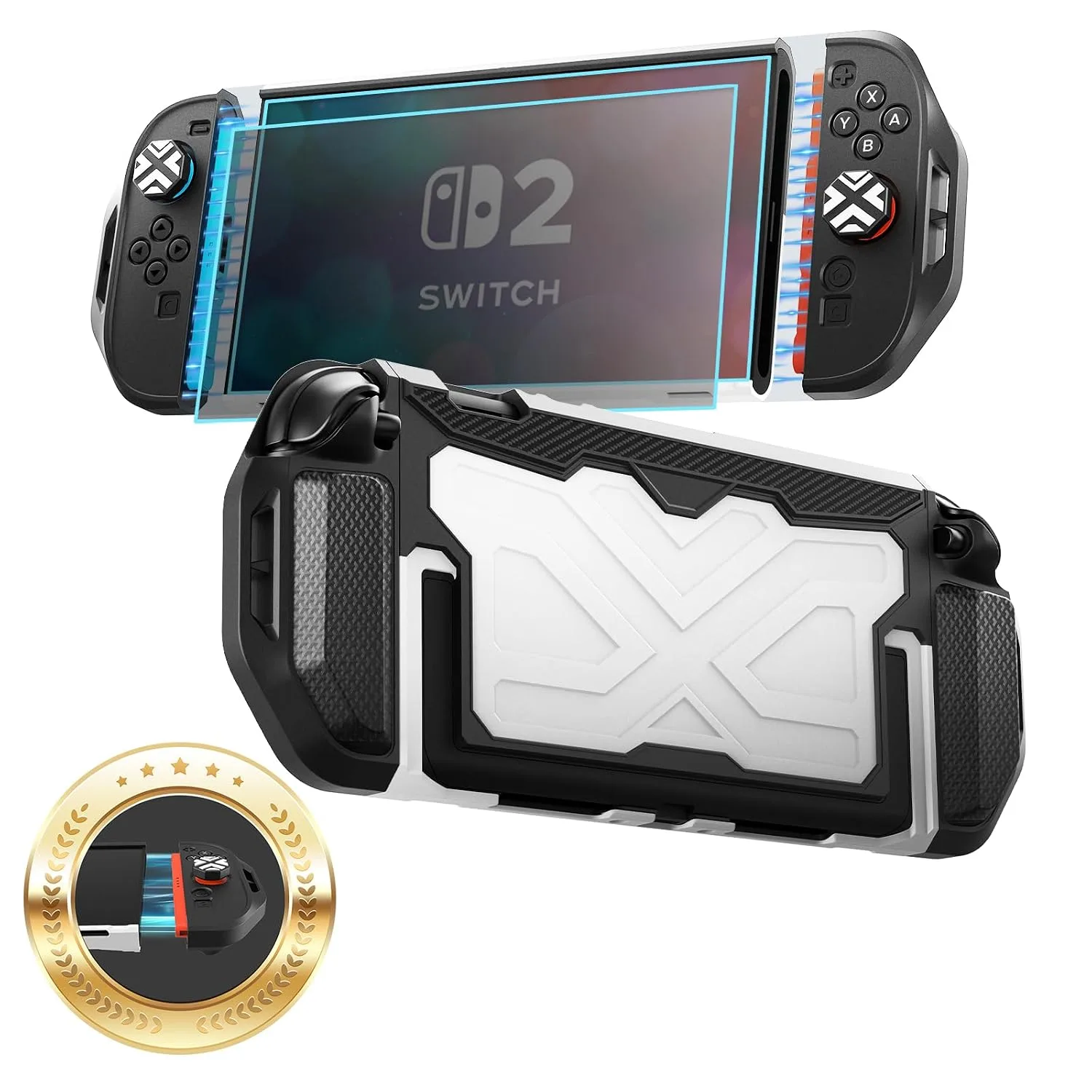 Toladoshop Dockable for Switch 2 Grip Case (2025) Accessories, Armor Slim Military-Grade Protection for Detachable 3PCS Design Joncon Holder with Screen Protectors and Joystick caps, White