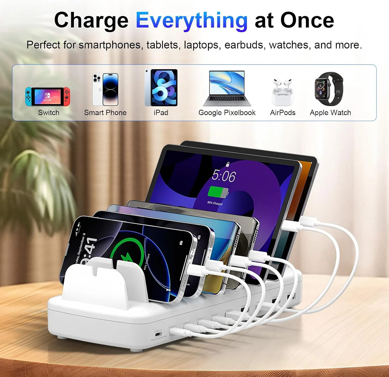 510W Charging Station for Multiple Devices, 10 Ports Fast Charger Organizer