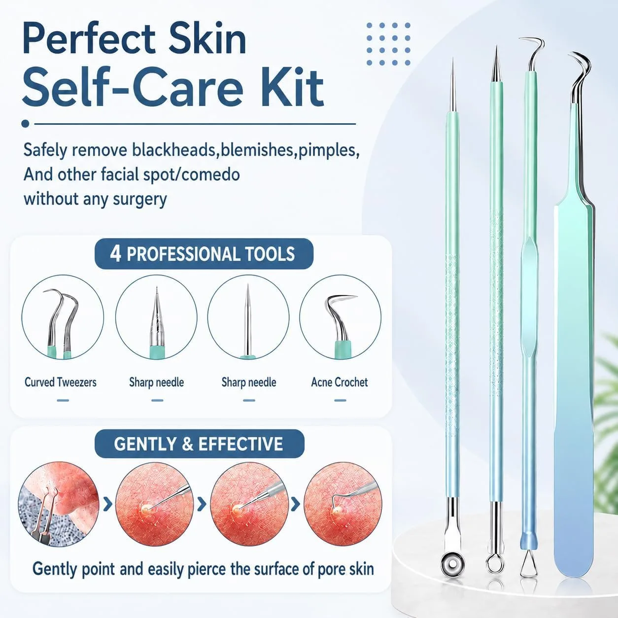 MENOLY Blackhead Remover Tools 10Pcs Pimple Popper Tool Kit, Blackhead Remover Extractor Tools, Anti-Slip Handle Pimple Comedone Extractor Acne Kit for Blackhead,Blemish,Zit Whitehead