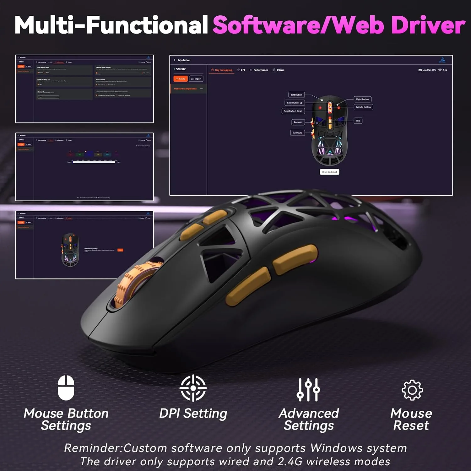 CORBOBO SOLAKAKA SM802 Wireless Gaming Mouse,24,000 DPI Max,Tri-Mode 2.4GHz/BT/Wired USB Rechargeable Gamer Mouse with RGB,Programmable Macro Buttons,68g Lightweight Computer Mouse for Laptop/PC/Mac