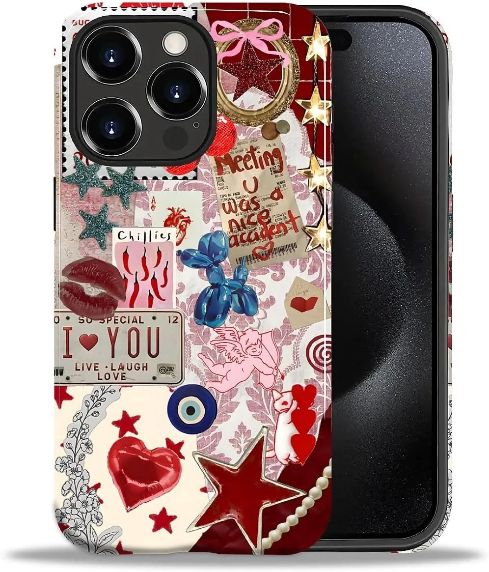 DAIZAG Case for iPhone 15 Pro Max,Mixed 2 Layer Design Shockproof Soft TPU Ddouble Protection Phone Case for iPhone 15 Pro Max-Conch Red Pearl Collage