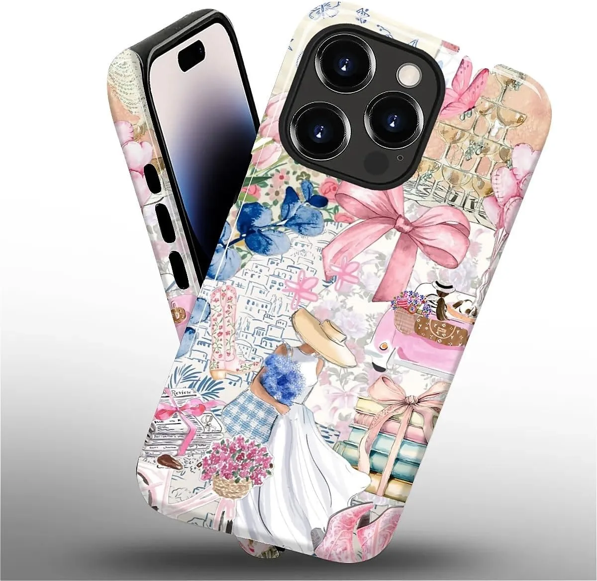 DAIZAG Case for iPhone 14 Pro,Mixed 2 Layer Design Shockproof Soft TPU Ddouble Protection Phone Case for iPhone 14 Pro-Magazine Books Flower Bow Collage