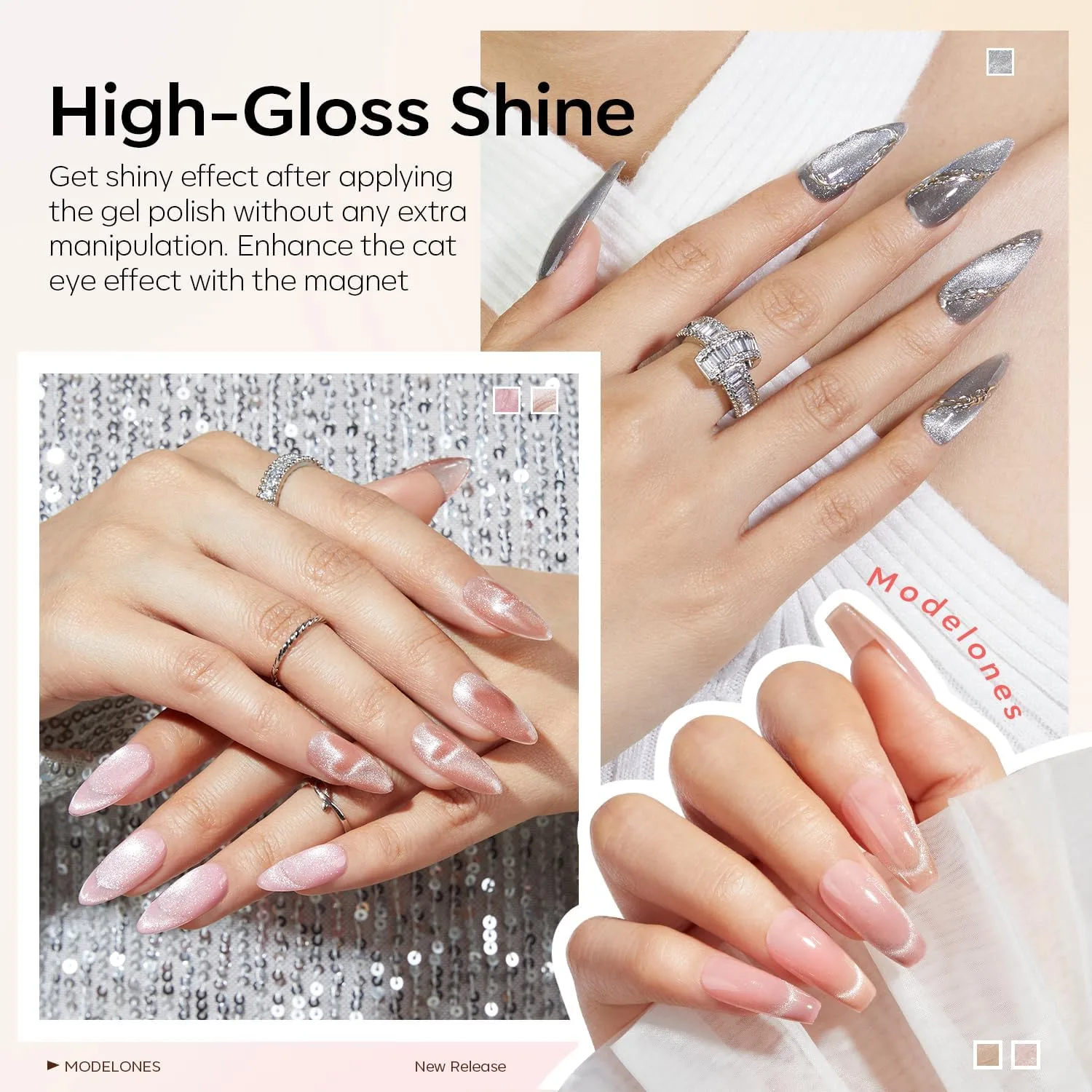 modelones Cat Eye Gel Nail Polish Set Glitter 6Colors Pink Nude Sparkle