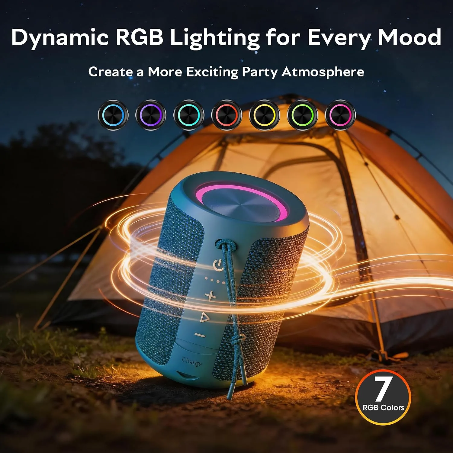 Portable Bluetooth Speaker,IPX7 Waterproof Wireless Speaker with 20W Loud Stereo Sound,15H Playtime & Beat-Synced RGB Light, Small Outdoor Speaker for Shower,Pool,Beach,Hiking,Gifts(Cerulean)