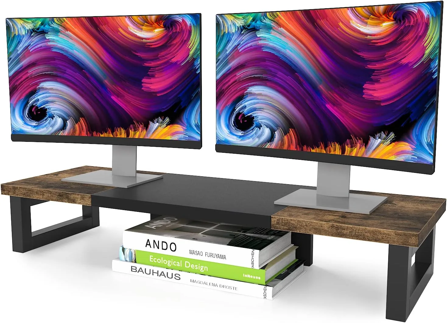 Base para monitores Westree Dual para 2 monitores madera y acero marrón rústico