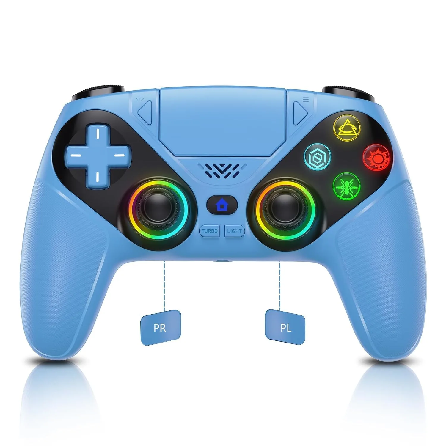 Mando inalámbrico Dinosoo RGB para PS5 y PC Bluetooth con turbo y vibración dinámica 1000mAh Azul