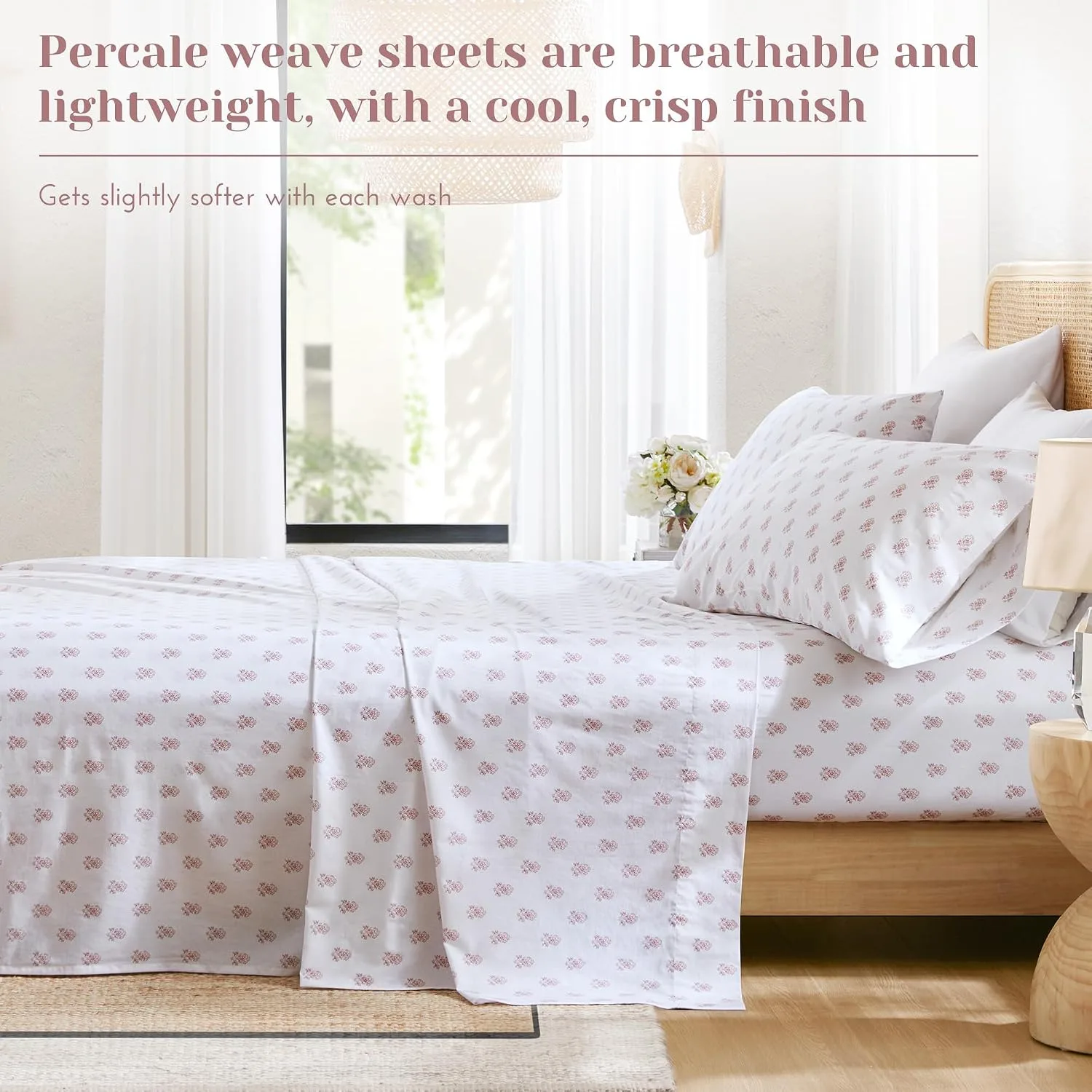 Comfort Spaces 100% Cotton Percale Sheets Queen Size 4 Piece, Floral Pink