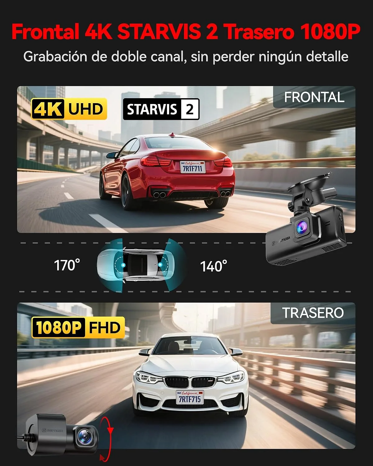 REDTIGER 4K STARVIS 2 Dashcam Front Rear, 5GHz WiFi 20MB/s, Free 128GB Card