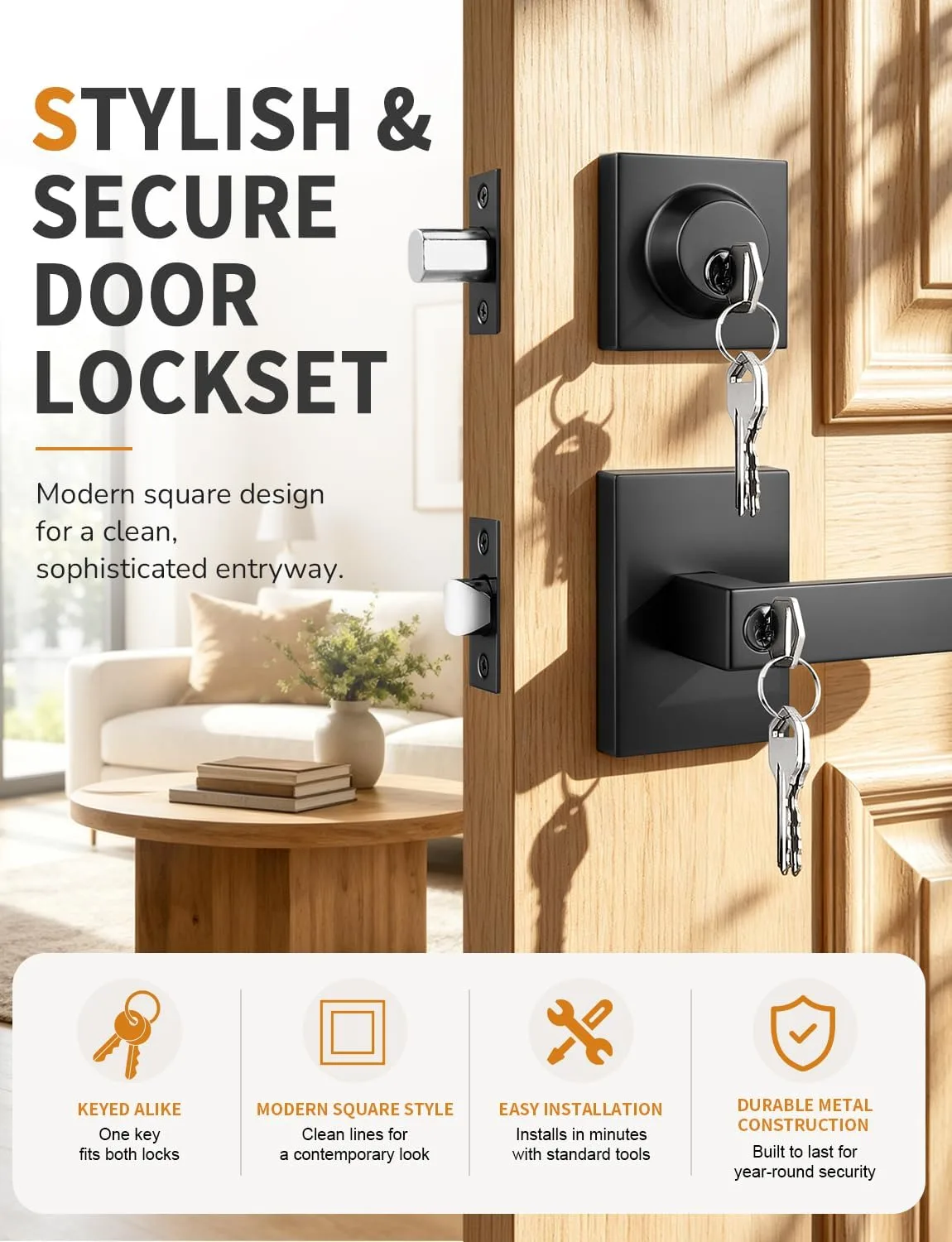 Probrico Square Interior/Exterior Door Lock Set 2 Pack Same Key Matte Black