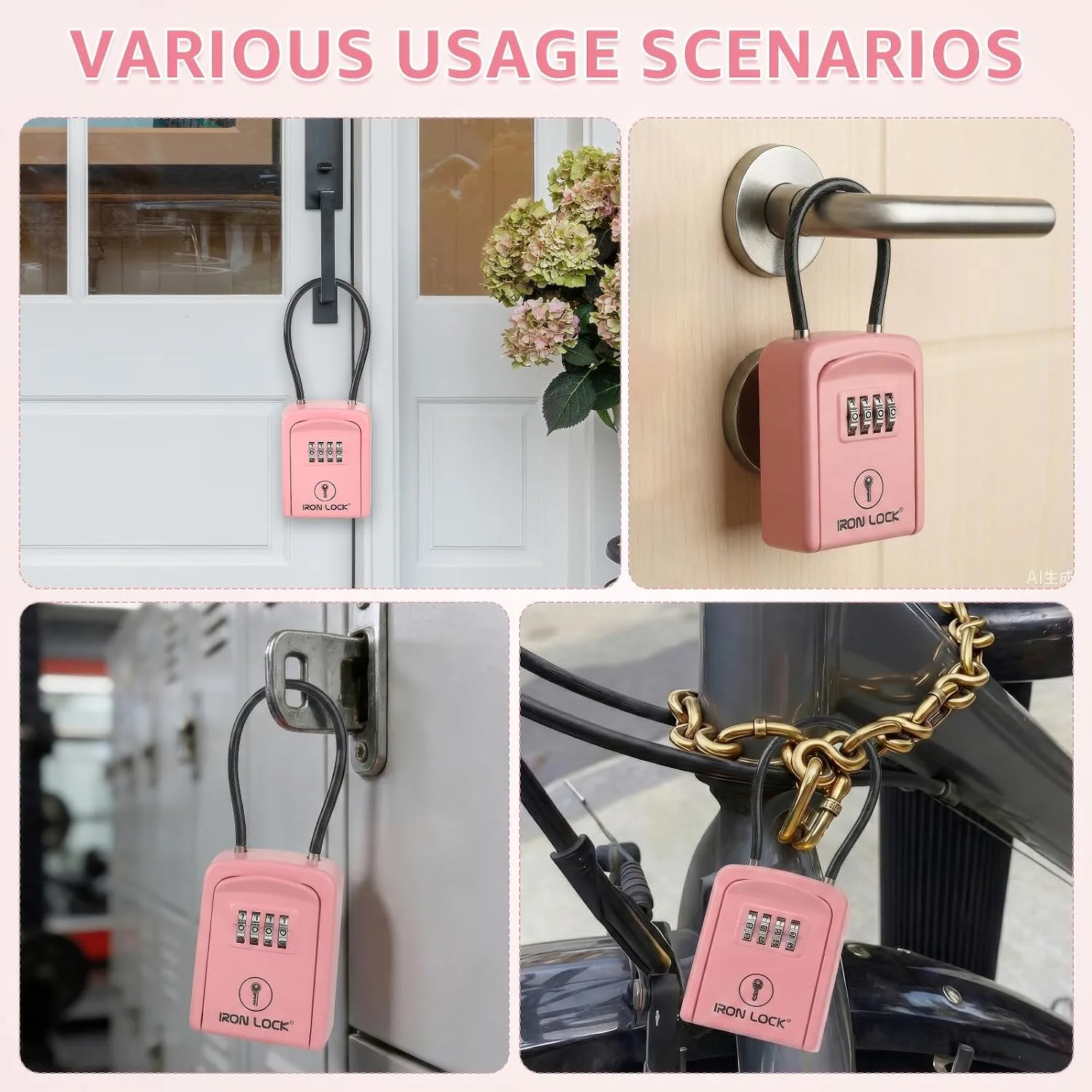 Iron Lock® Key Lock Box with Code, Portable Cable Shackle (Small, Pink)