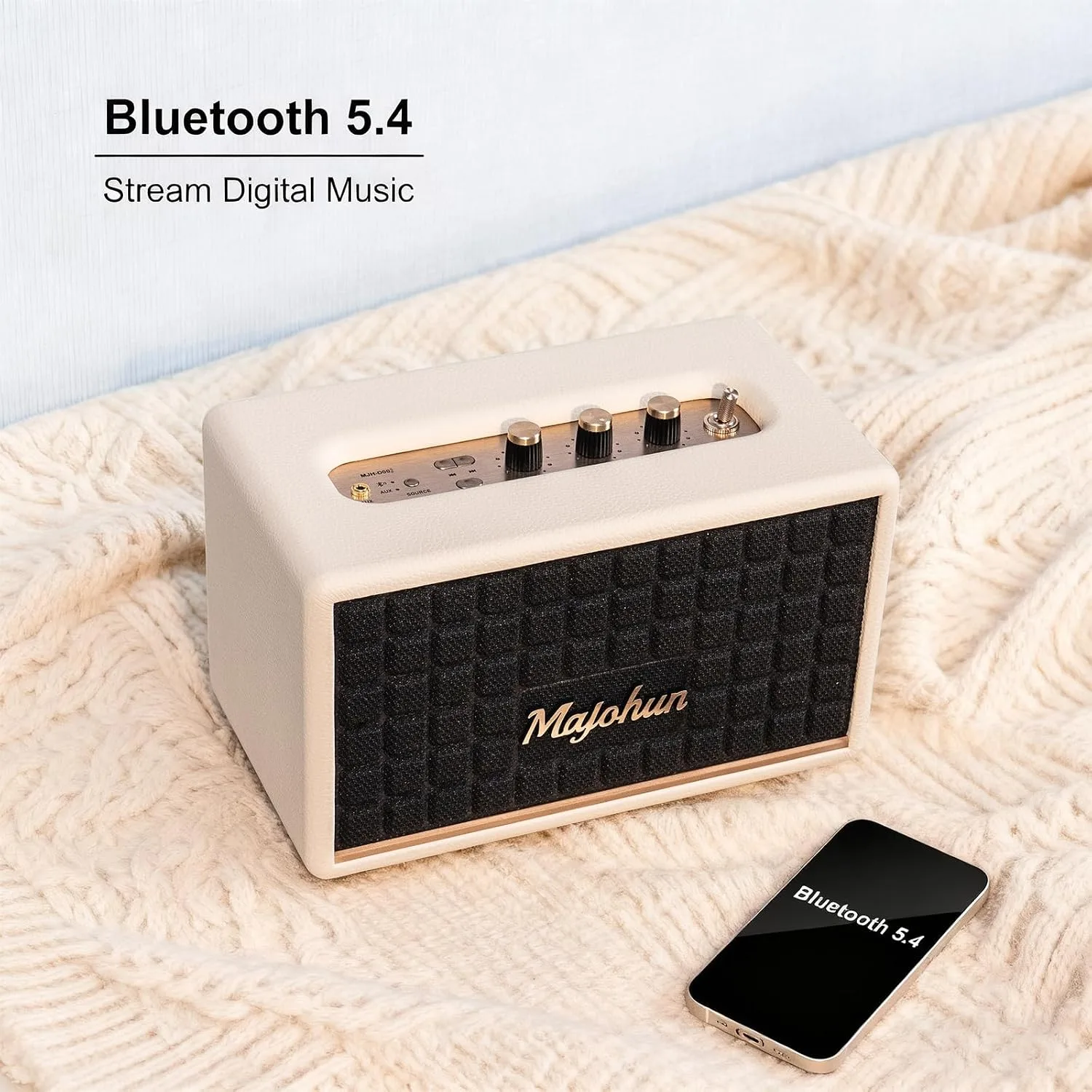 120W Peak Vintage Wood Bluetooth 5.4 Speaker, TWS Stereo Loud Stereo Sound with Bass and Treble Controls | Plug-in Powered | 3.5mm Aux Input(White)