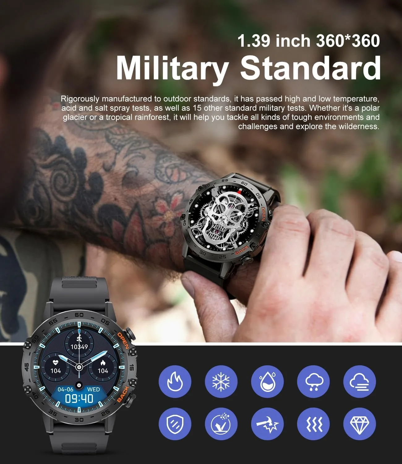 SUNKTA Military Smart Watches for Men(Answer/Calls),1.39 inch Touchscreen/5ATM Waterproof/120+ Sports Modes Fitness Watch with Heart Rate for Android/iOS Black
