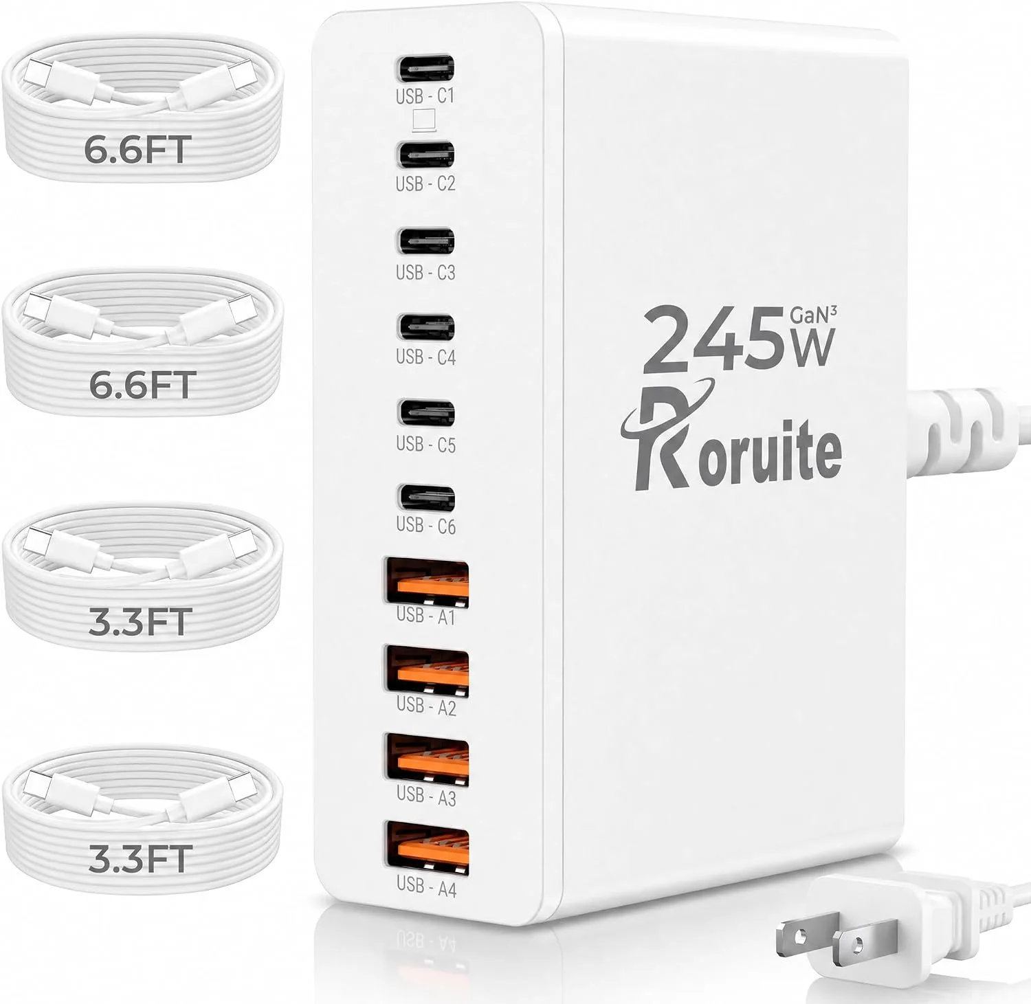 USB C Charging Station 10 Port with 4 Cables,245W GaN Charger Block