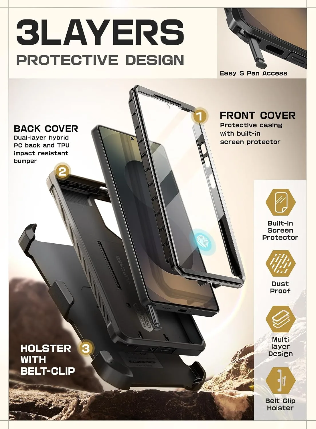 SUPCASE for Samsung Galaxy S25 Ultra Case with Screen Protector, Black