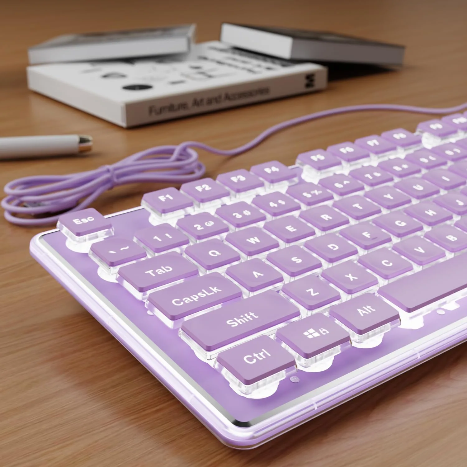 Wired Keyboard with White Backlit, Never Fade, Soft Click Typing, Purple