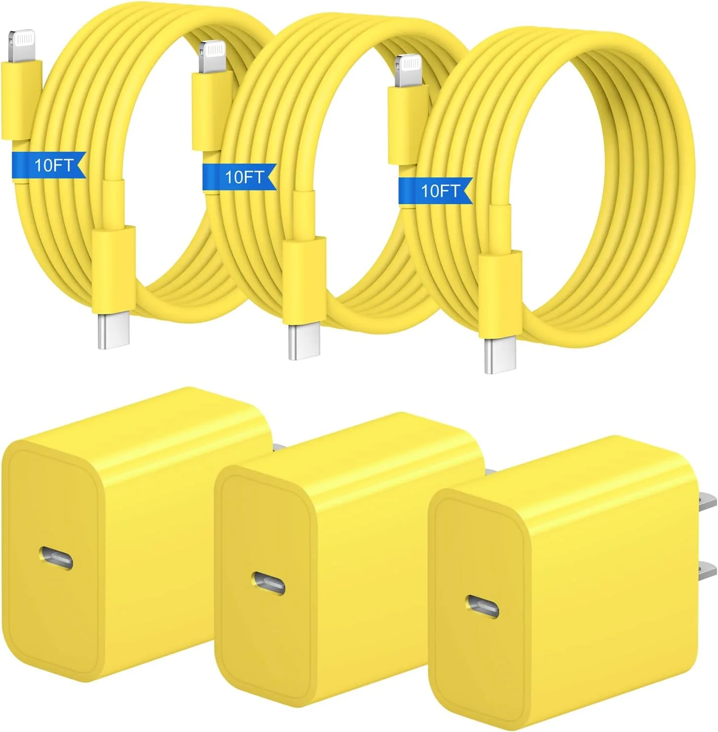 iPhone Fast Charger 3+3Pack 20W USB C Wall Charger with Extra Long 10FT Fast Charging Cable Compatible with iPhone 14/13/12/11/Pro/Pro Max-Yellow