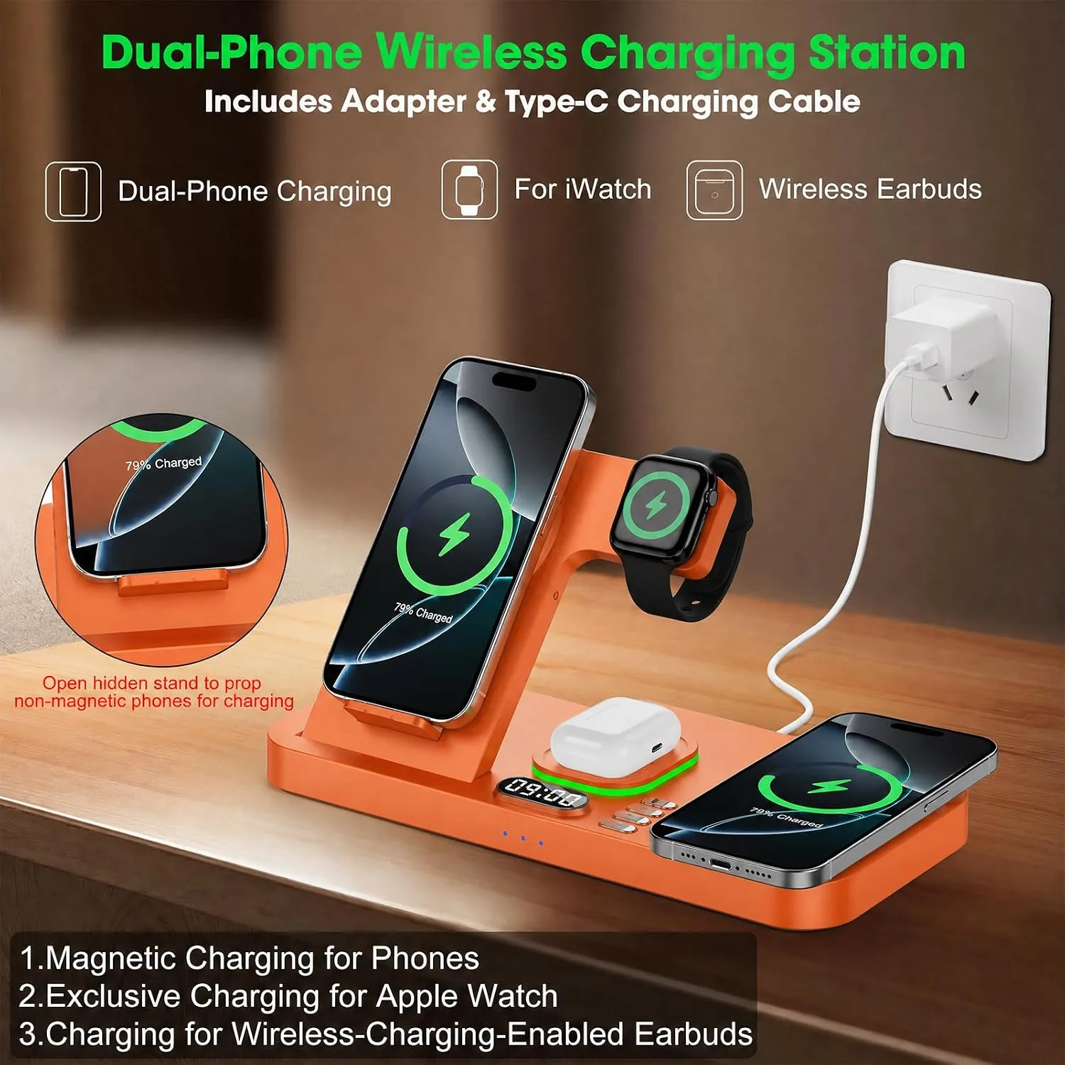 Dual Phone Foldable Wireless Charging Station for Apple, Couple&Family Use