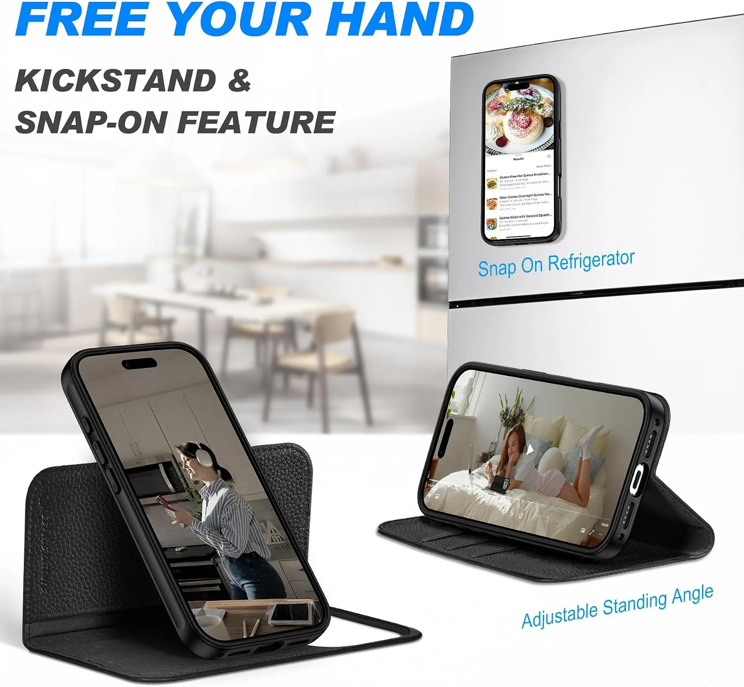 SHIELDON 2 in 1 Leather Case Wallet for iPhone 18 Pro/17 Pro, Pebbled Black