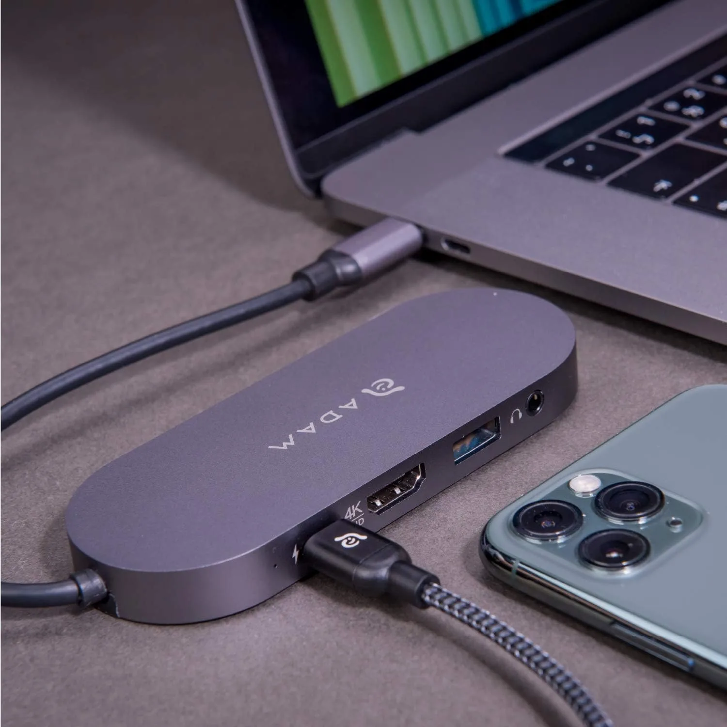 ADAM elements USB-C Hub with 480GB SSD External Storage, 4-in-1 Multiport Adapter with 4K HDMI, 60W PD & 3.5mm Audio for MacBook Pro/Air M4-M1, iPad Pro & iPhone 17-15