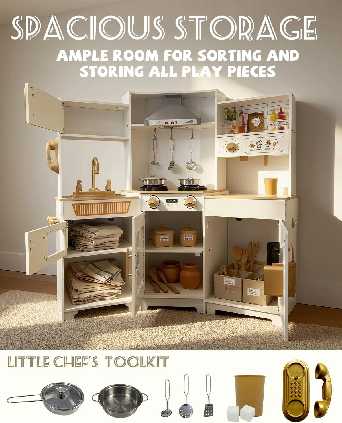 YUG Heavy-Duty Wooden Play Kitchen Set with Real Lights & Sounds, Compliant Premium Corner Pretend Kitchen Toy Including Stove, Oven, Ice Maker, Range Hood, for Kids Ages 3+, ASTM CPSIA Compliant