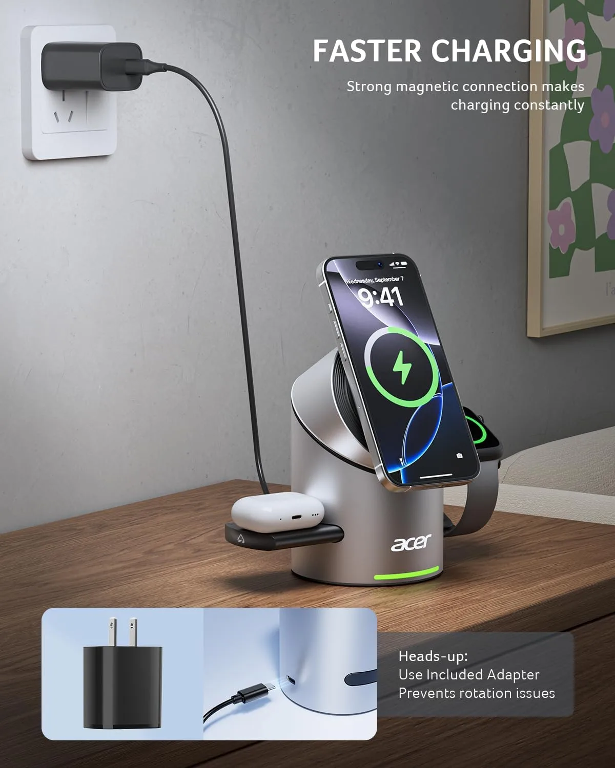 Acer Prime 3 in 1 Charging Station for Apple - Magnetic iPhone Wireless Charging Station, Magsafe Charger Stand for iPhone 17 16 15 14 13 12 - Apple Watch - Airpods Series (Charger & USB-C Included)