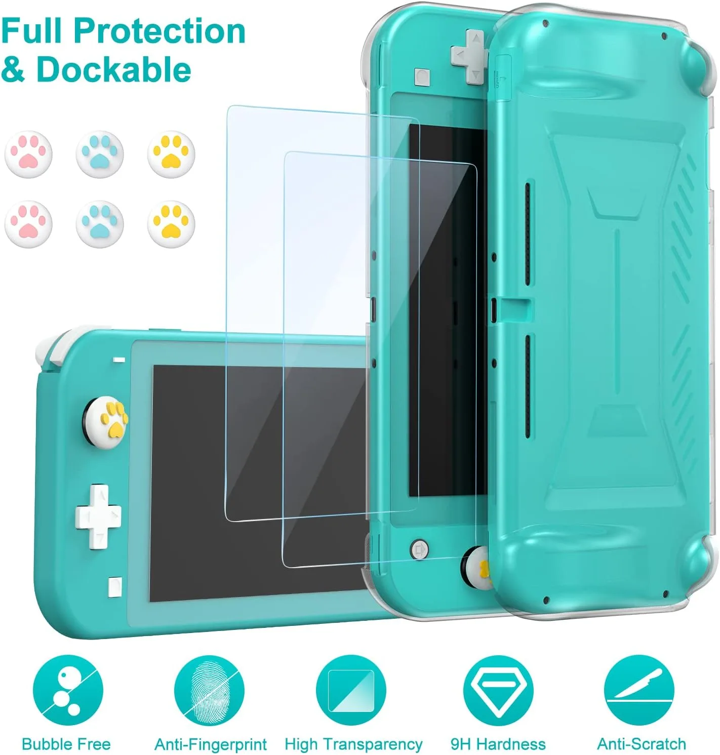 innoAura Switch Lite Case 18-in-1 Accessories Bundle for NS Switch Lite (2019), with Protective Carrying Case, Game Holder, Screen Protector & Cute Thumb Grips, Turquoise