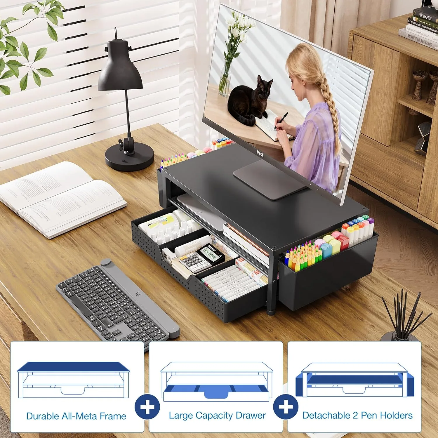 OPNICE Desk Organizer, Monitor Stand Riser with Drawer and 2 Pen Holders