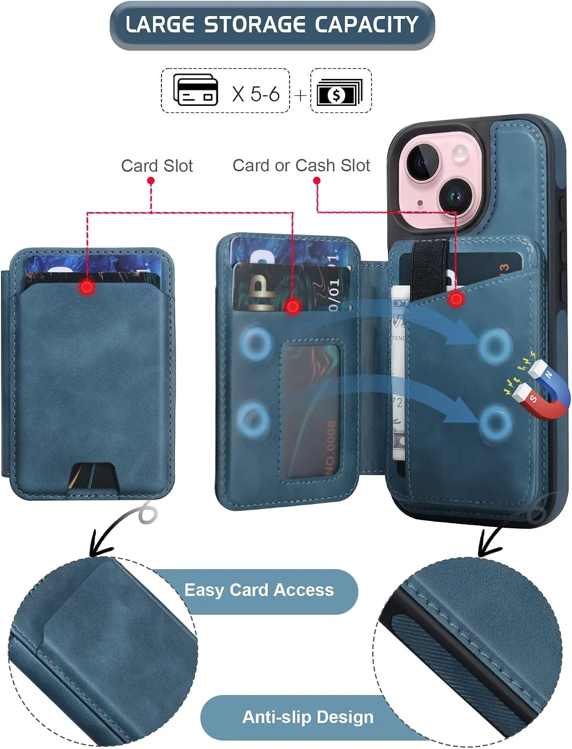 Magnetic Detachable Wallet Case for iPhone 15/14 Plus with Kickstand,2-in-1 MagSafe Compatible RFID Blocking Card Holder,Slim PU Leather Cover Blue
