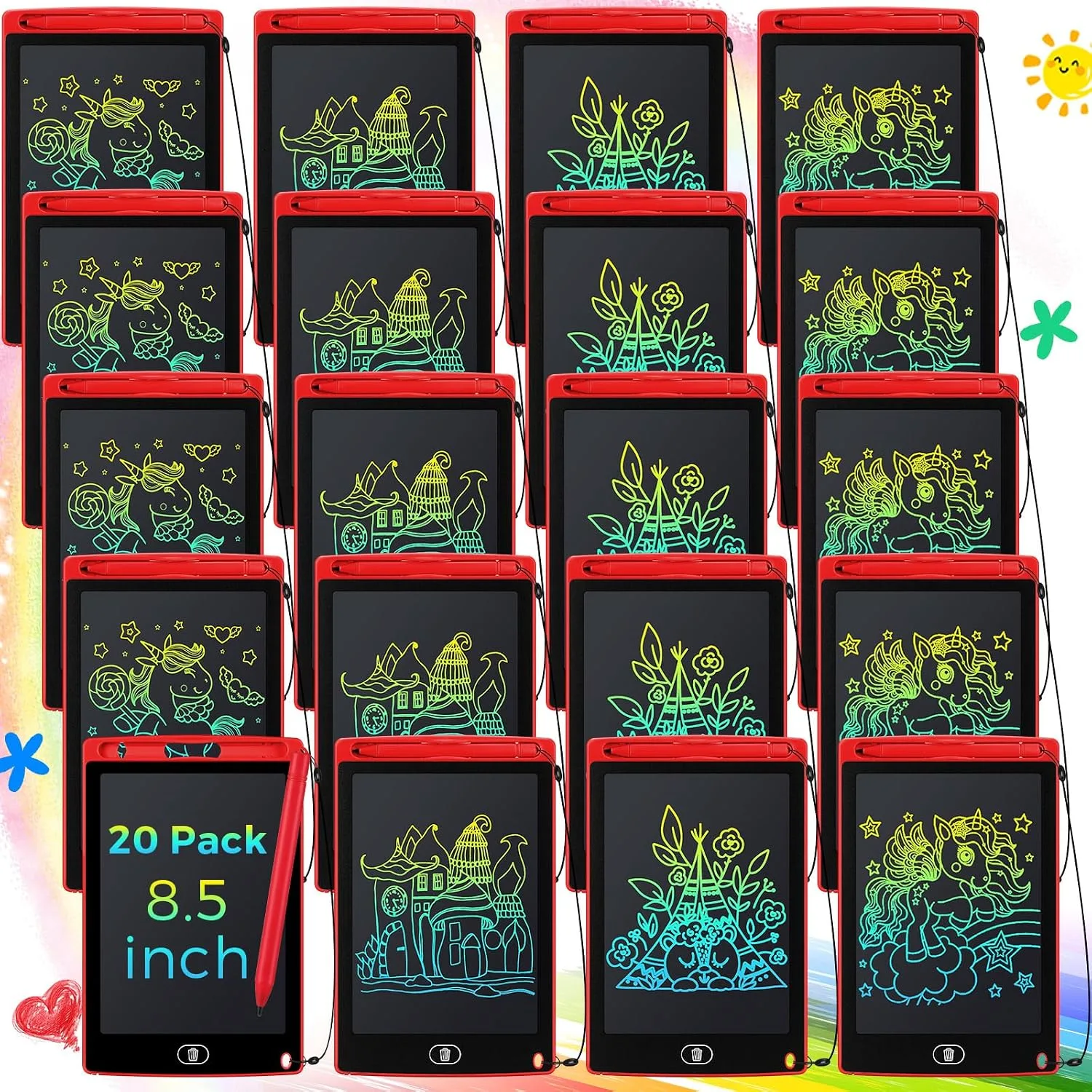 Zhehao 20 Pack 8.5 Inch LCD Writing Tablet Drawing Board,Red,Classic