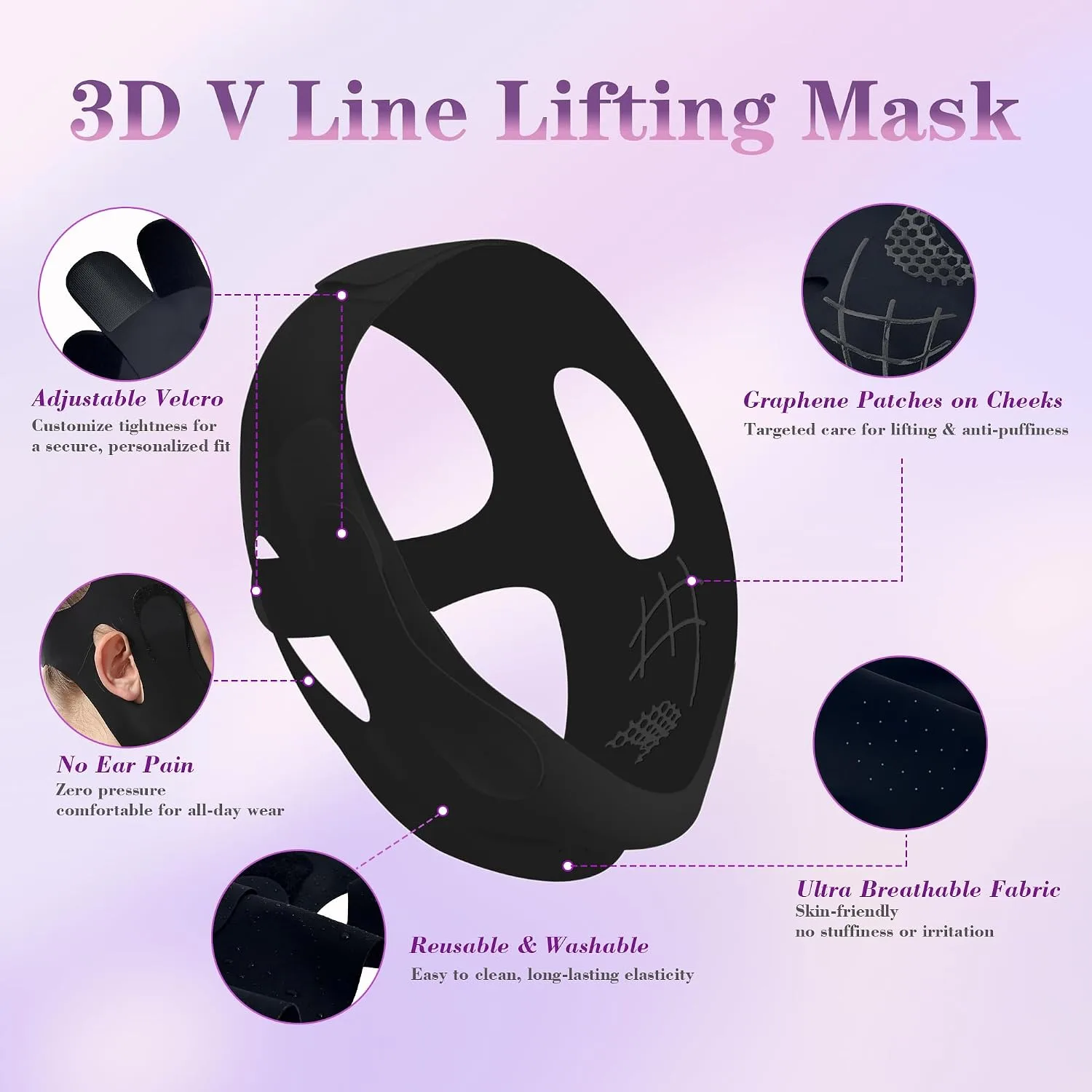 Graphene Chin Strap For Sleeping, Reusable V Line Lifting Mask & Double Chin Reducer with 3D Adjustable Design, Breathable Skin-Friendly Jawline Shaper Face Lift Belt for Women & Men (Black)