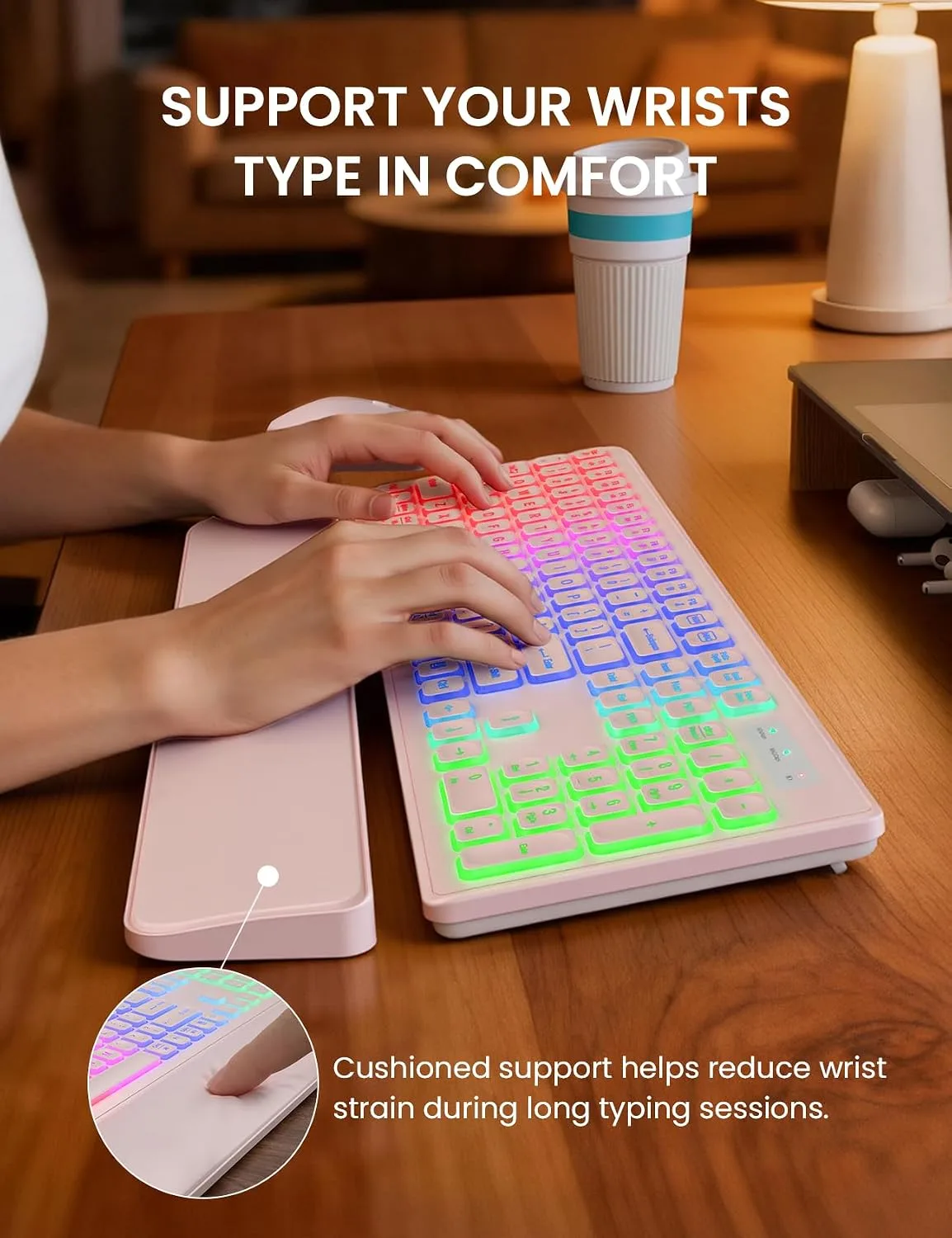 Wireless Keyboard and Mouse Combo, RGB Backlit, Wirst Rest, Rechargeable