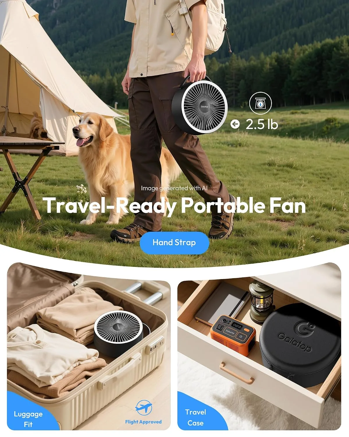 Gaiatop Portable Pedestal Fan 16000mAh Battery [Max 74h Runtime], Foldable Oscillating Standing Fan, Collapsible Desk Fans, LED Light, Case & Remote Control 4 Speeds for Outdoor Travel Camping (Black)