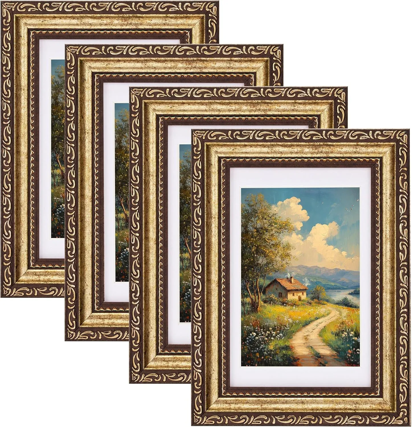 eletecpro 4x6 Vintage Picture Frame, Glass Cover, Bronze Gold, 4-Pack