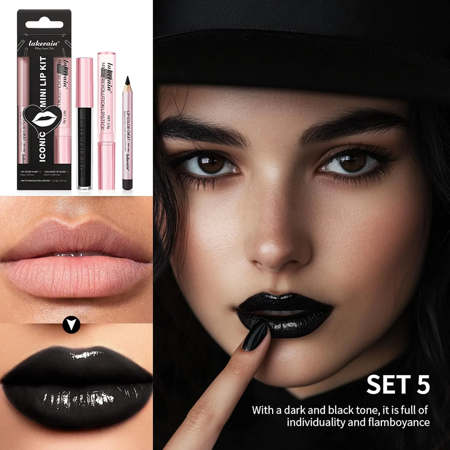 BestLand 3Pcs Lip Liner, Lipstick and Lip Gloss Set, Lip Combo Sets (Black)