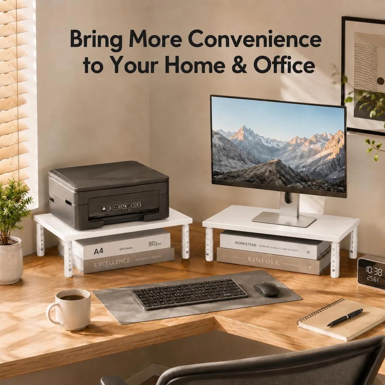 OPNICE Adjustable Monitor Stand Riser for Desk, Wood Computer & Laptop Stand, Desk Organizers and Accessories, Office Desk Accessories & Workspace Organizer for Home Office Supplies, White