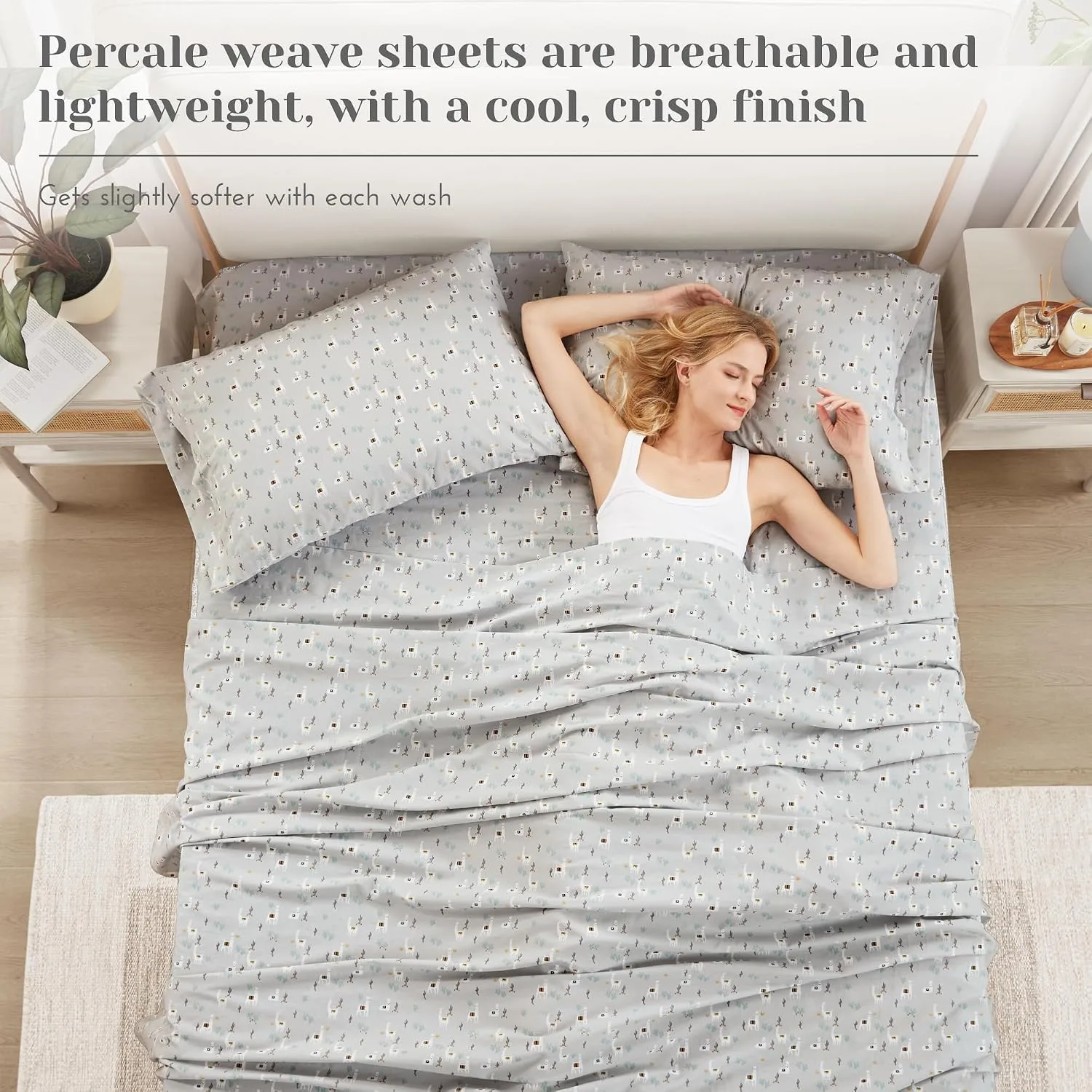 Comfort Spaces 100% Cotton Percale Sheets Queen Sheet Set 4 Pcs, Lama Multi