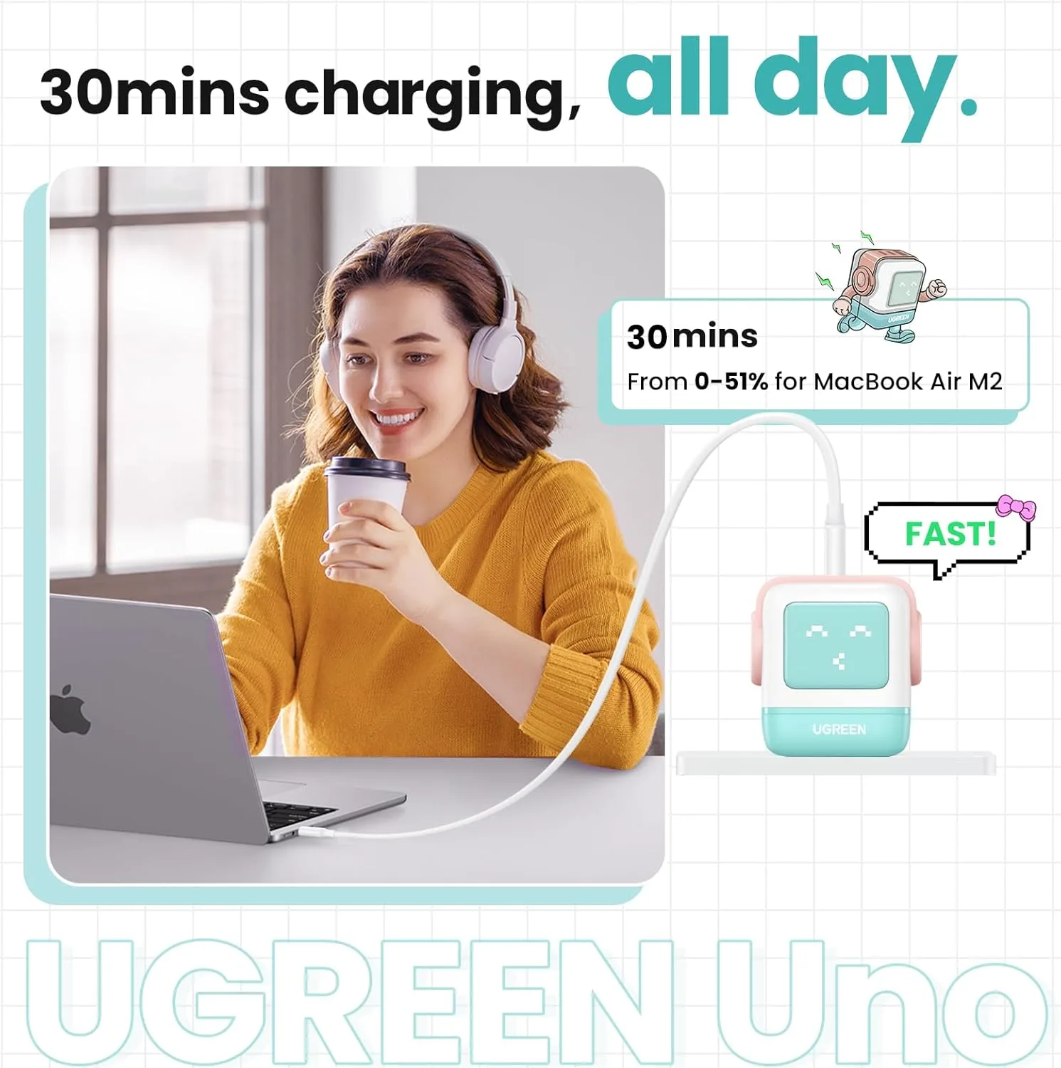 UGREEN Uno 65W 3-Port USB C Charger Adapter, GaN Fast Charging Block, Green