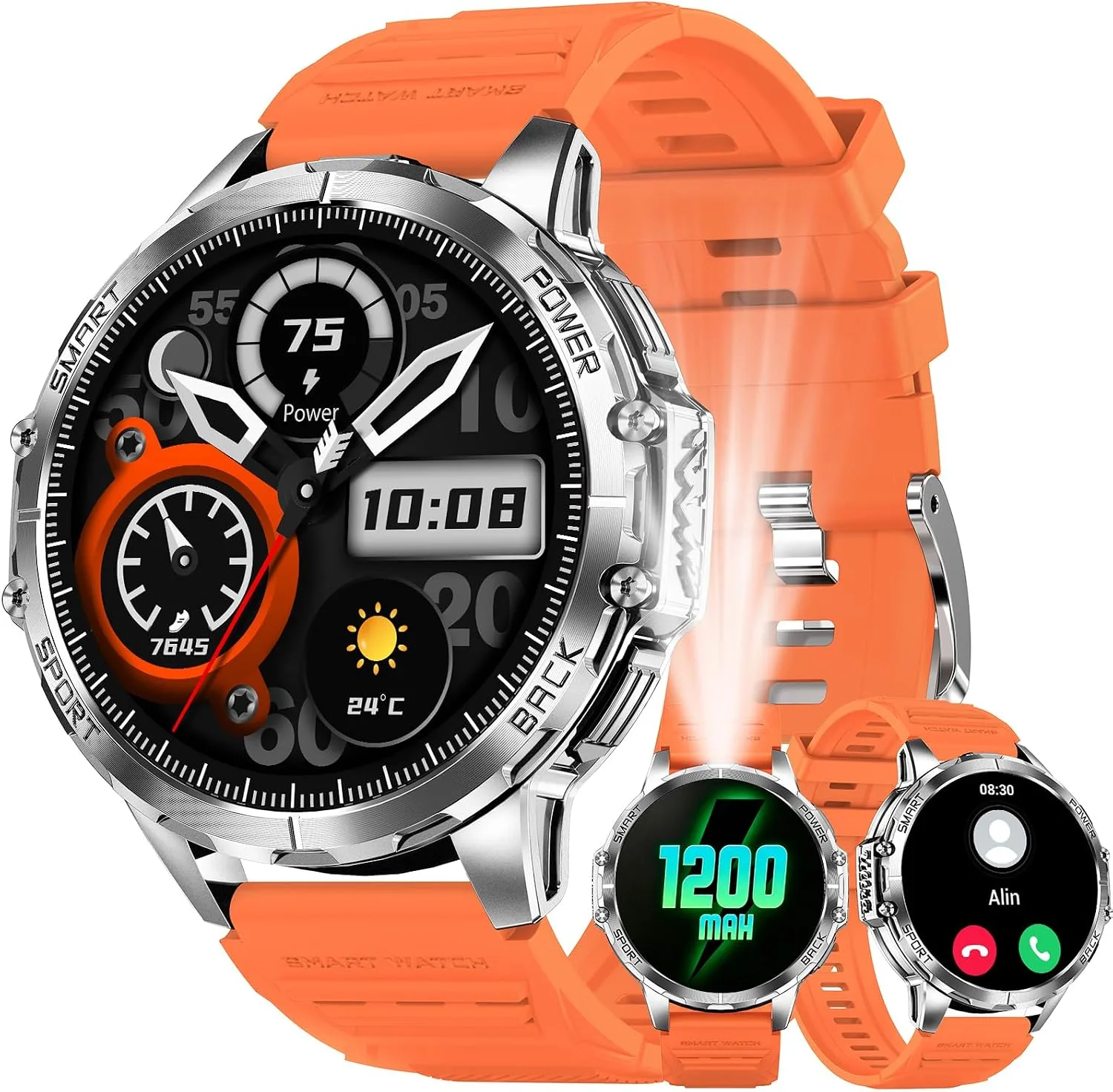 Military Smartwatch for Men, Top-Mounted Flashlight, 1200mAh Battery