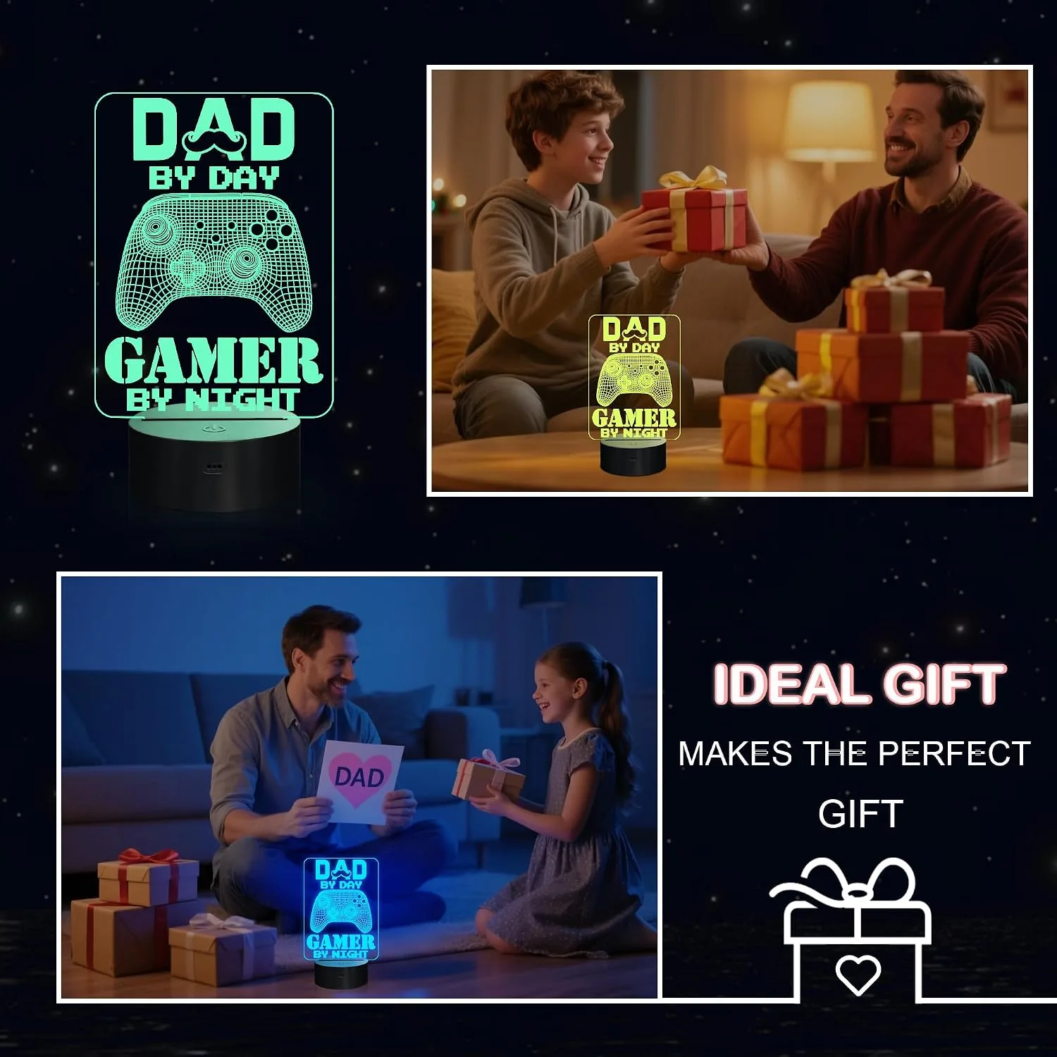 YuanDian Gamer Gifts, Dad By Day Gamer By Night Funny 3D Illusion Lamp 16 Colors Changing Touch & Remote Control, Desk Decor