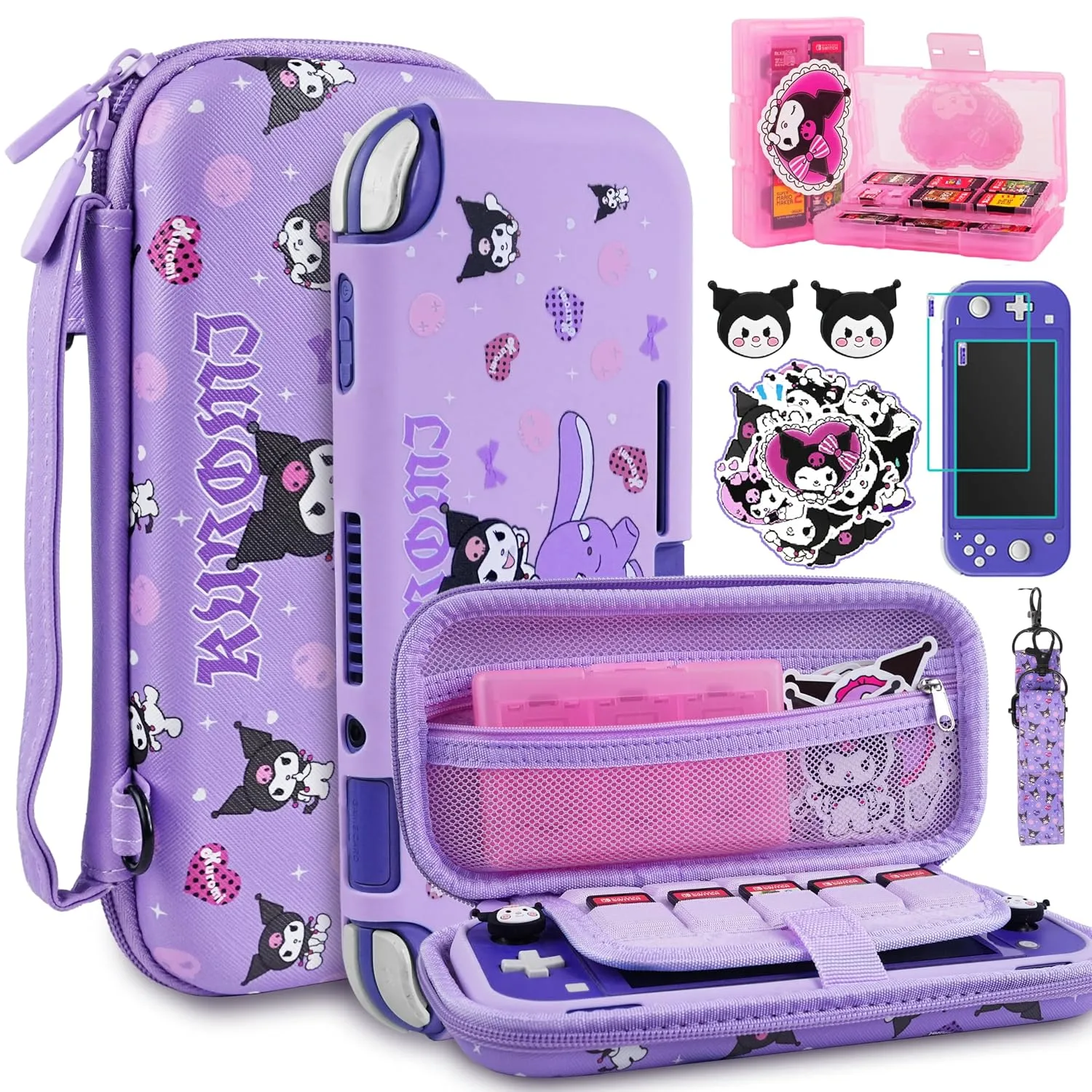 TIKOdirect Carrying Case for Switch Lite, Pretty Shockproof Portable Travel Bag with Soft Protective Case, Screen Protectors, Cute Thumb Grips Caps and Game Card Shell, Purple