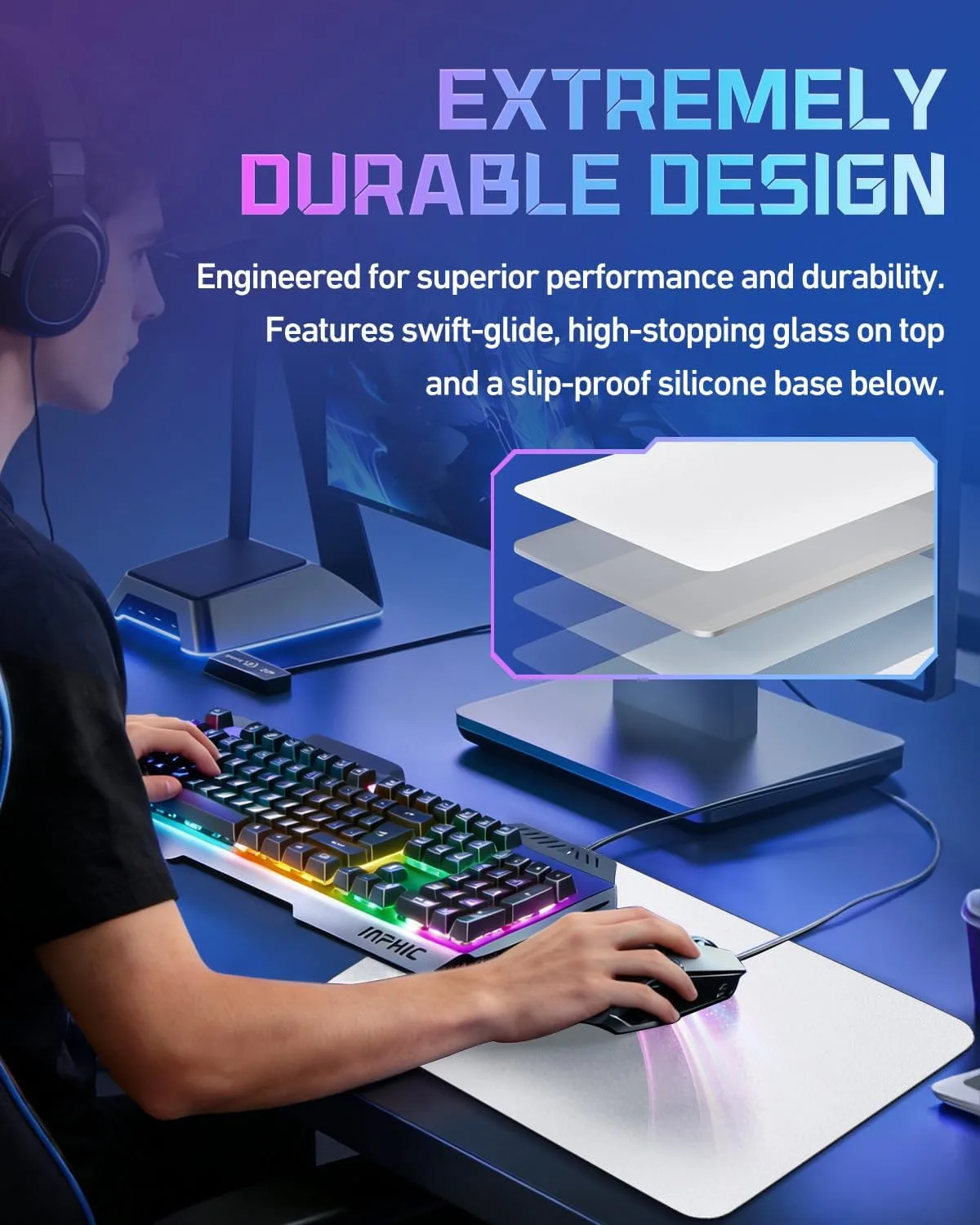 Glass Gaming Mouse Pad, 16.2 x 12.2 Inch, White