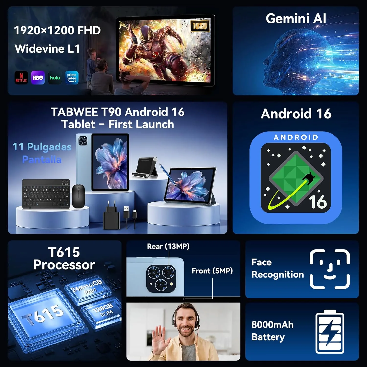TABWEE Tablet, 11 Inch 2K Android 16 Tablets with Keyboard 24GB+128GB ROM