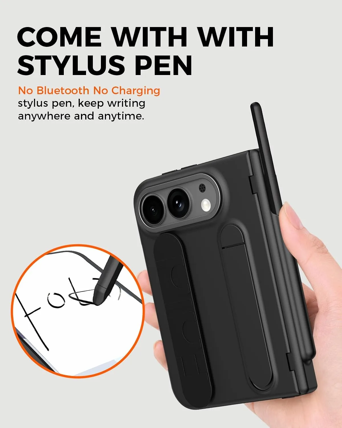 NINKI Handle for iPhone Duo Case with Strap & Kickstand, Built-in Front Screen Protector, Shock-Absorption Slim Hinge Protection Stylus Cover for iPhone Duo Fold Case with S Pen Slot Cover Mens Black