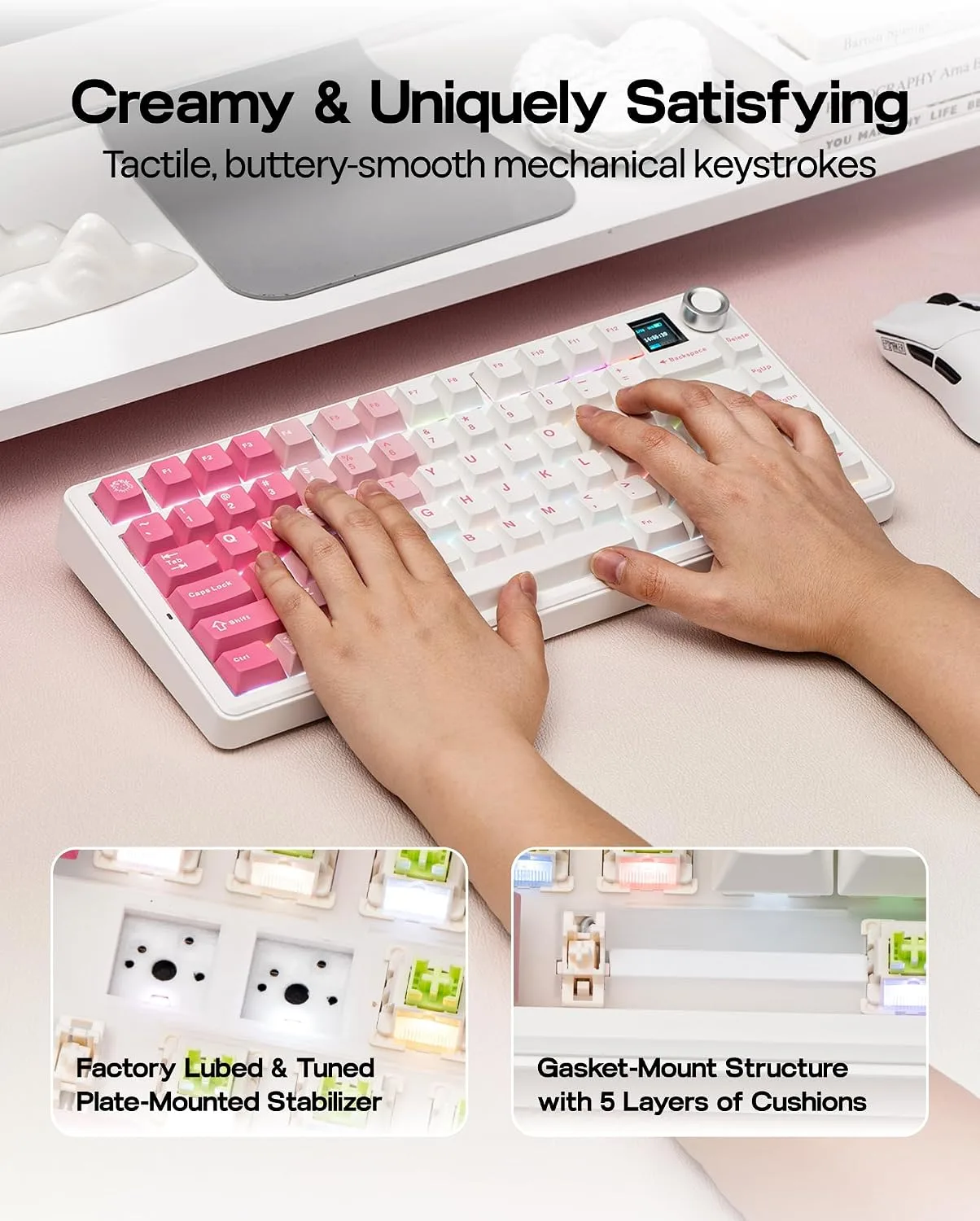 EPOMAKER X Aula F75 MAX Wireless Mechanical Keyboard with TFT Screen and Knob, Gasket Keyboard in 75% Layout, Hot Swappable Gaming Keyboard for PC/Mac/Linux (White Pink)