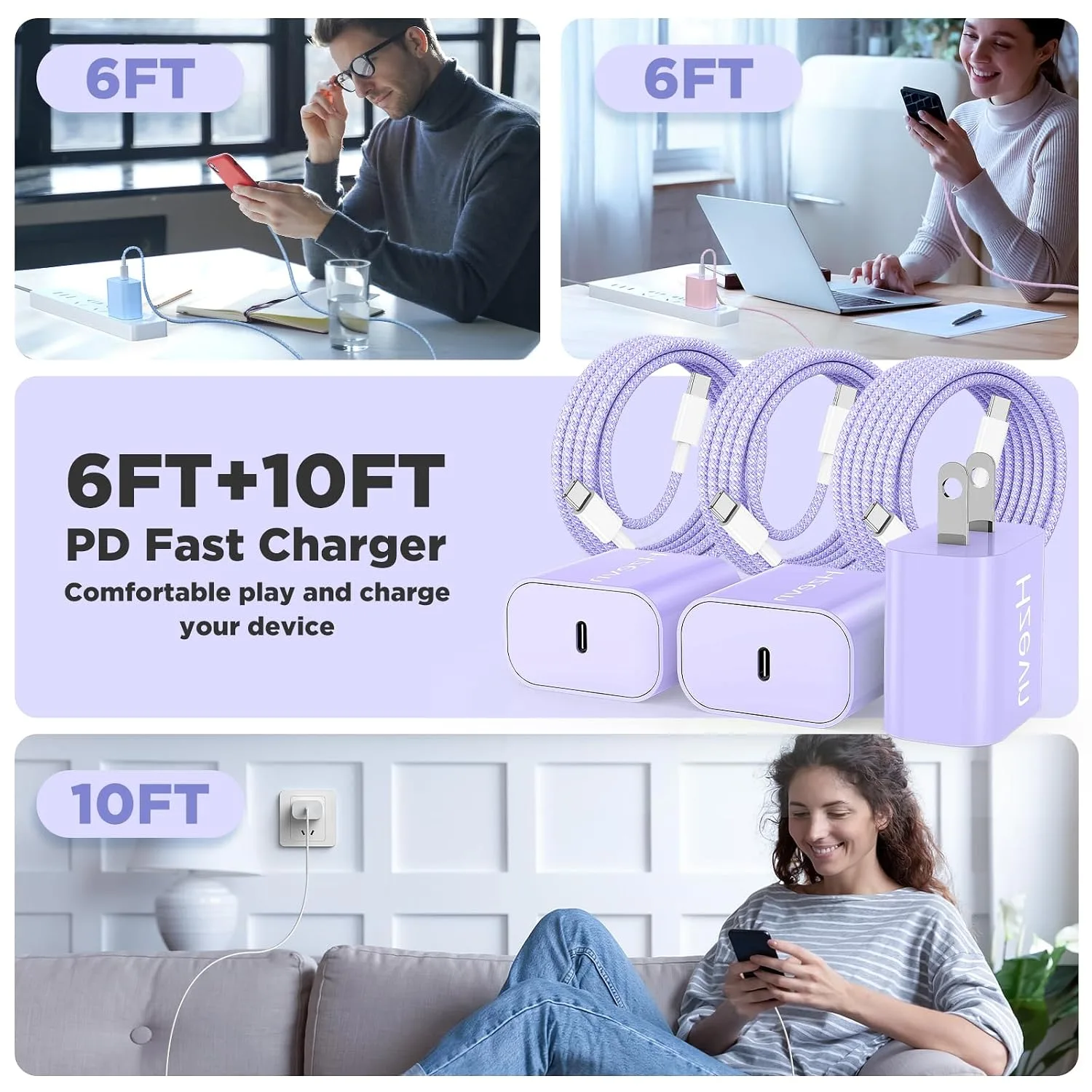 20W USB C Fast Charging for iPhone 17 Air/16/15 Pro Max,3Pack Colorful Mixed Charger Block with Braided Long USB C to C Cables (6/6/10ft) Compatible with iPhone16/15 Pro/15 Plus/iPad Pro